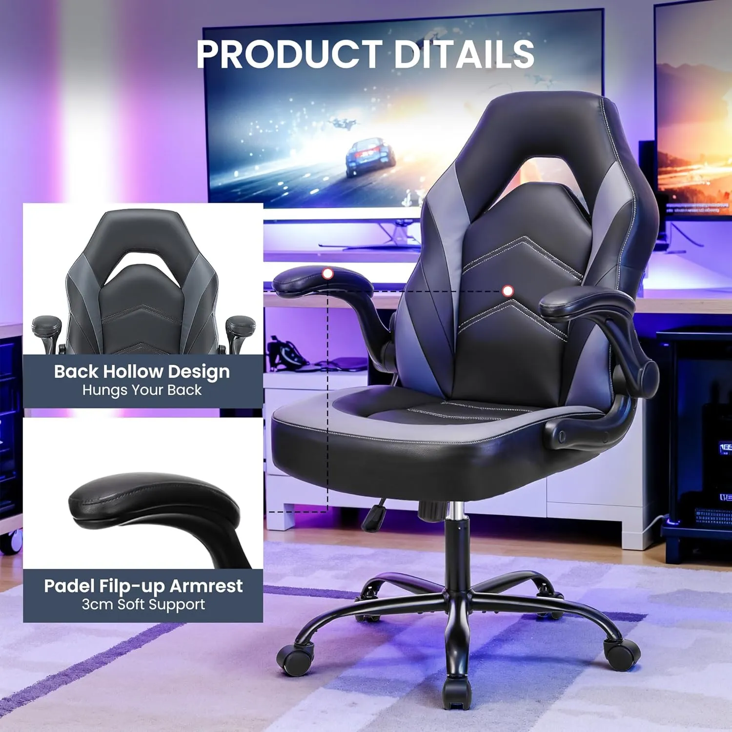Ergonomic Gaming Chair with Adjustable PU Leather Seat, Flip-Up Armrests, and Swivel Design, Perfect for Home Office, Gaming, or Entertainment – Ideal for Adults, Kids, and Gamers, Grey/Black