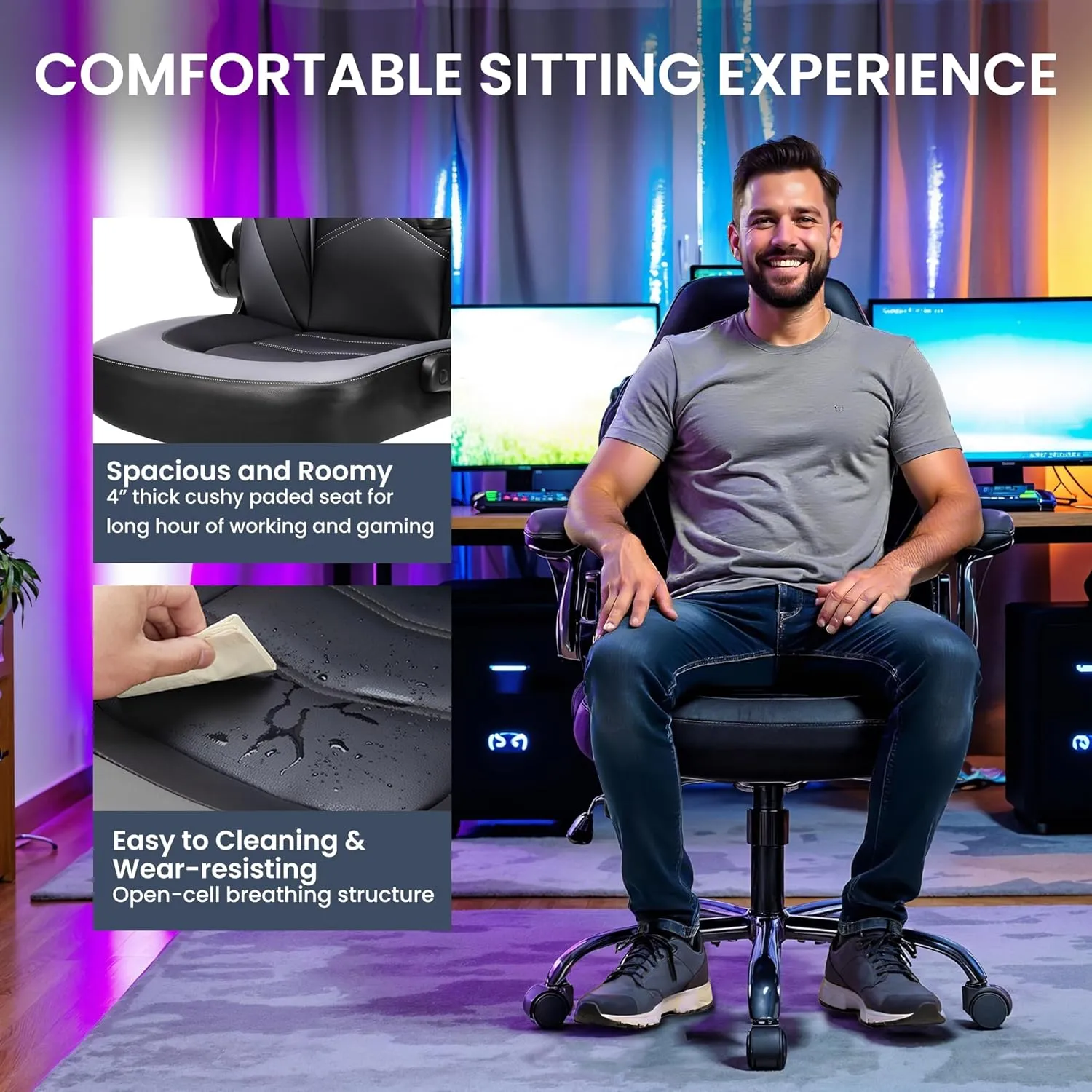 Ergonomic Gaming Chair with Adjustable PU Leather Seat, Flip-Up Armrests, and Swivel Design, Perfect for Home Office, Gaming, or Entertainment – Ideal for Adults, Kids, and Gamers, Grey/Black