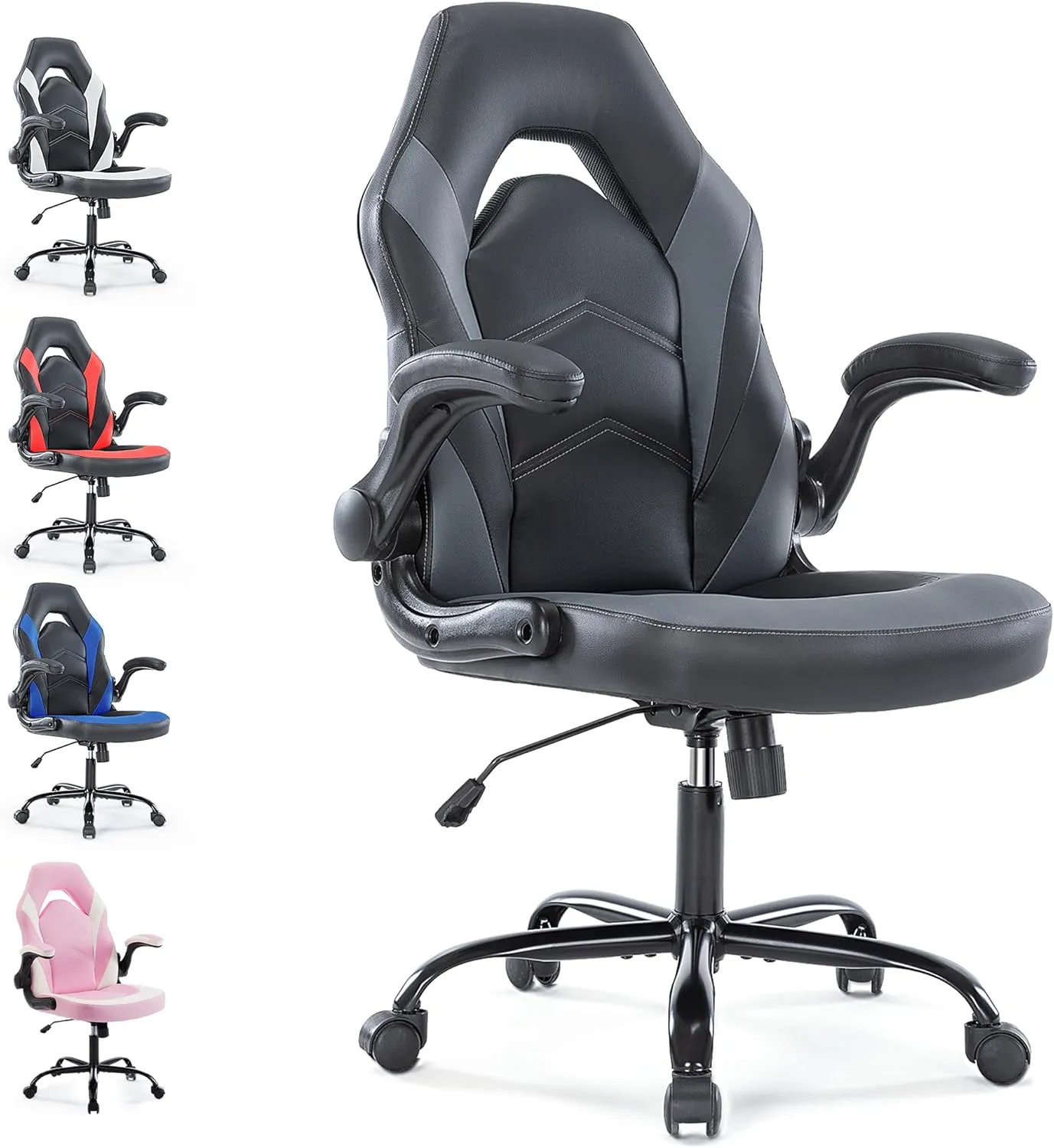 Ergonomic Gaming Chair with Adjustable PU Leather Seat, Flip-Up Armrests, and Swivel Design, Perfect for Home Office, Gaming, or Entertainment – Ideal for Adults, Kids, and Gamers, Grey/Black