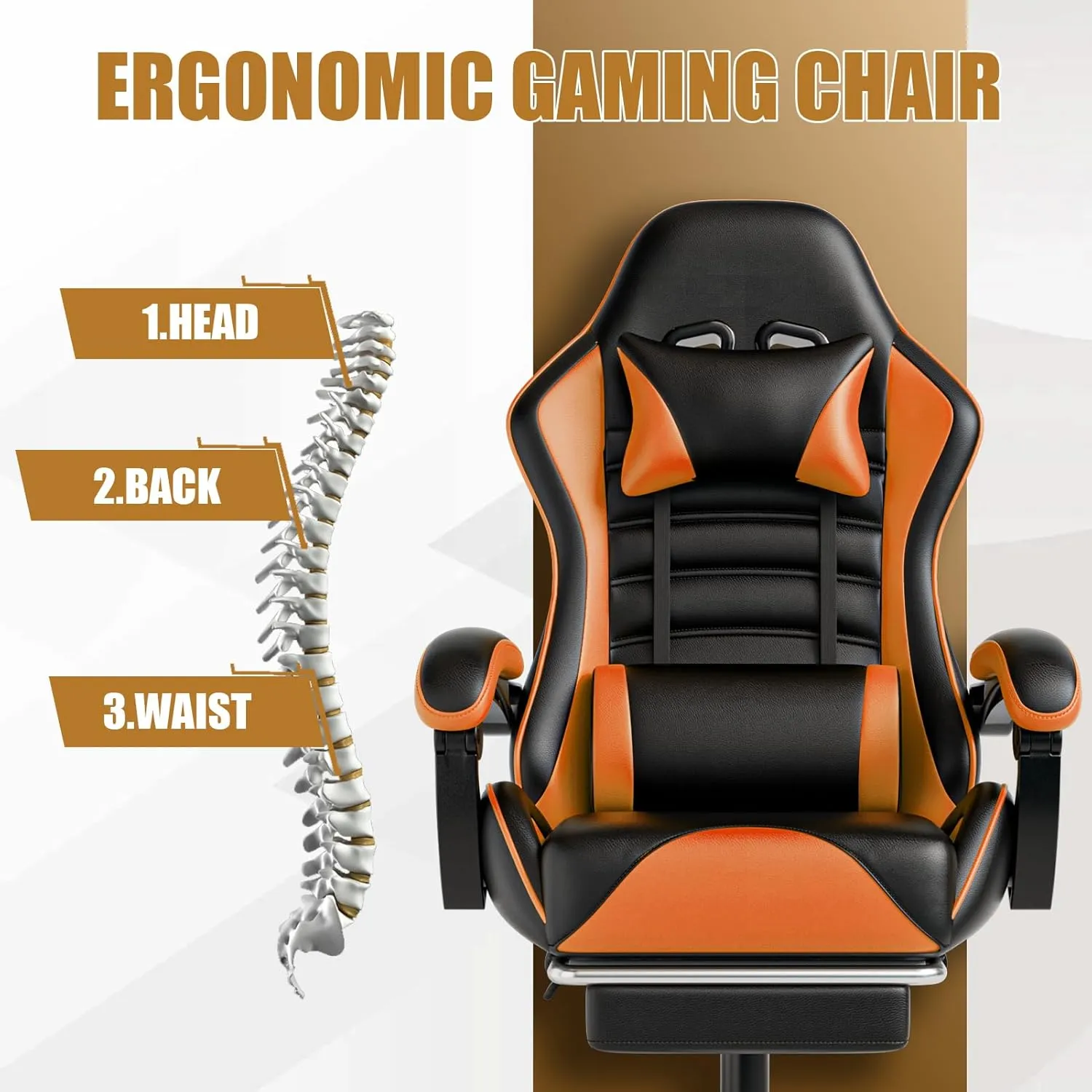 Ergonomic Gaming Chair with Footrest, PU Leather Video Game Chairs for Adults, Comfortable Computer Chair for Heavy People, Reclining Gamer Chair Office Chair with Lumbar Support