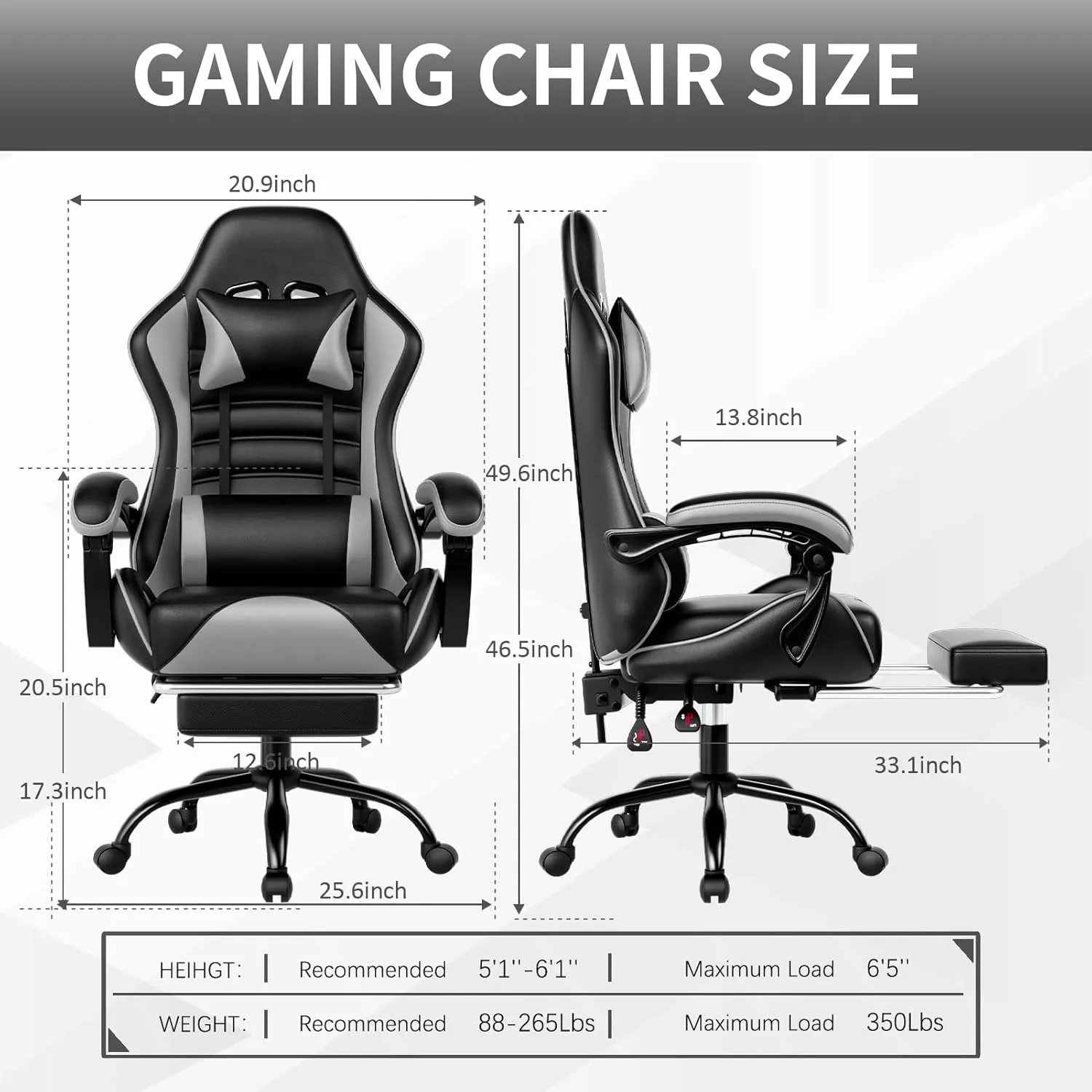 Ergonomic Gaming Chair with Footrest, PU Leather Video Game Chairs for Adults, Comfortable Computer Chair for Heavy People, Reclining Gamer Chair Office Chair with Lumbar Support