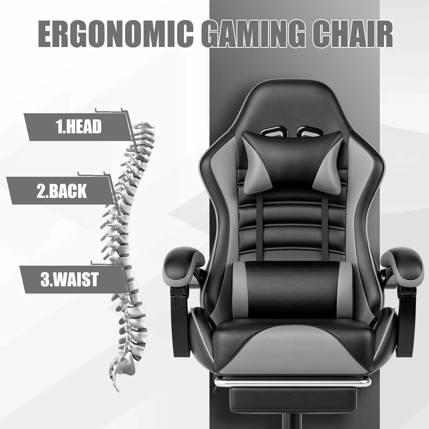 Ergonomic Gaming Chair with Footrest, PU Leather Video Game Chairs for Adults, Comfortable Computer Chair for Heavy People, Reclining Gamer Chair Office Chair with Lumbar Support