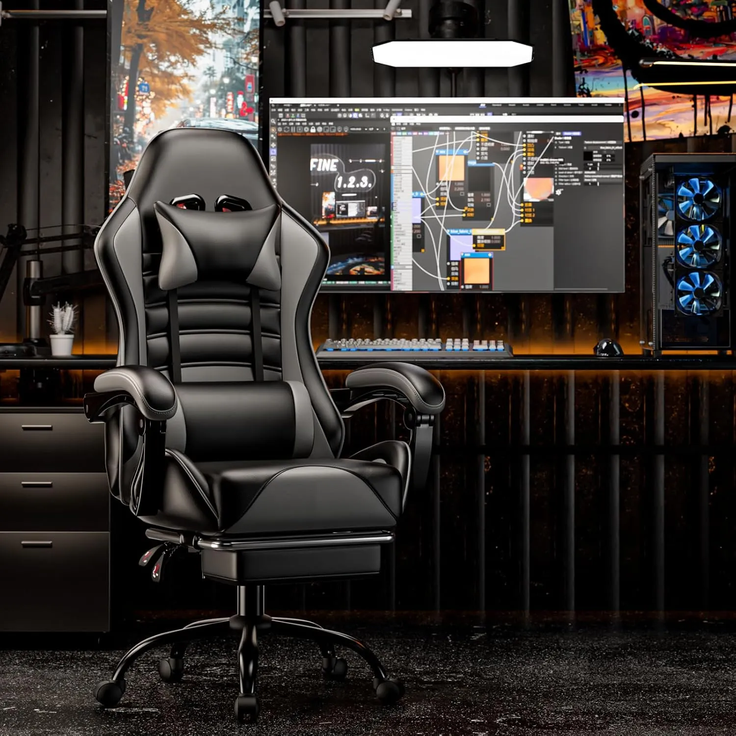 Ergonomic Gaming Chair with Footrest, PU Leather Video Game Chairs for Adults, Comfortable Computer Chair for Heavy People, Reclining Gamer Chair Office Chair with Lumbar Support