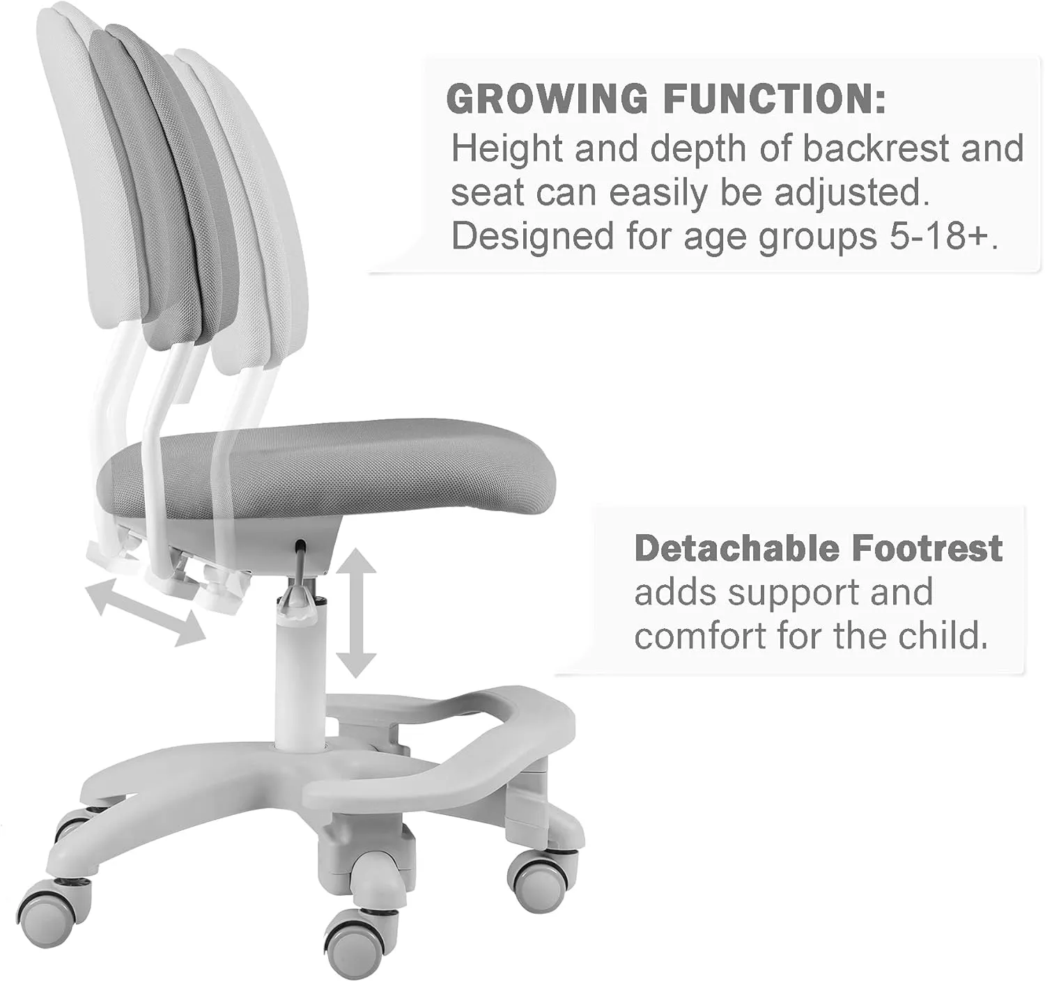 Ergonomic Kids Desk Chair, Child's Children Student Study Office Computer Chair, Adjustable Height and Seat Depth, Detachable Footrest and Lumbar Support (Grey, W/Chair Slipcovers)