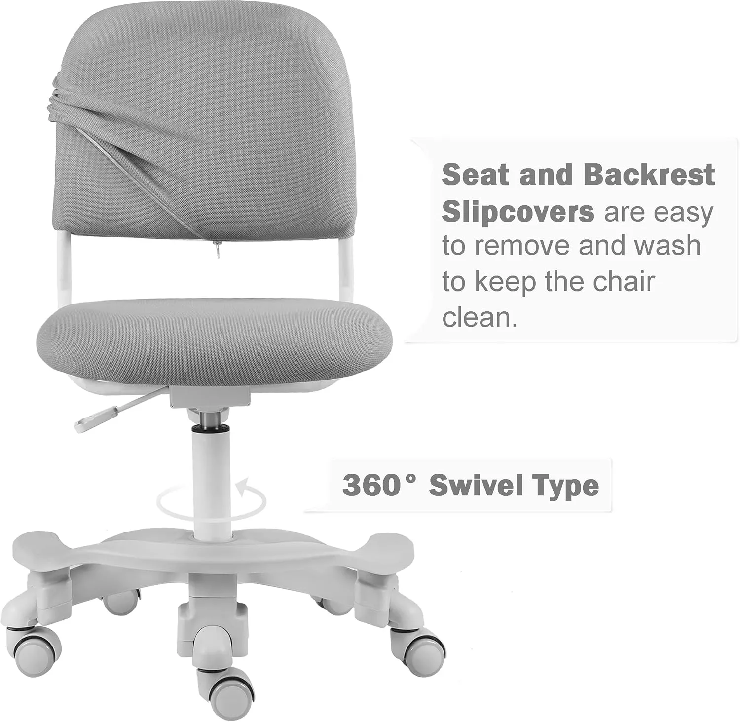 Ergonomic Kids Desk Chair, Child's Children Student Study Office Computer Chair, Adjustable Height and Seat Depth, Detachable Footrest and Lumbar Support (Grey, W/Chair Slipcovers)