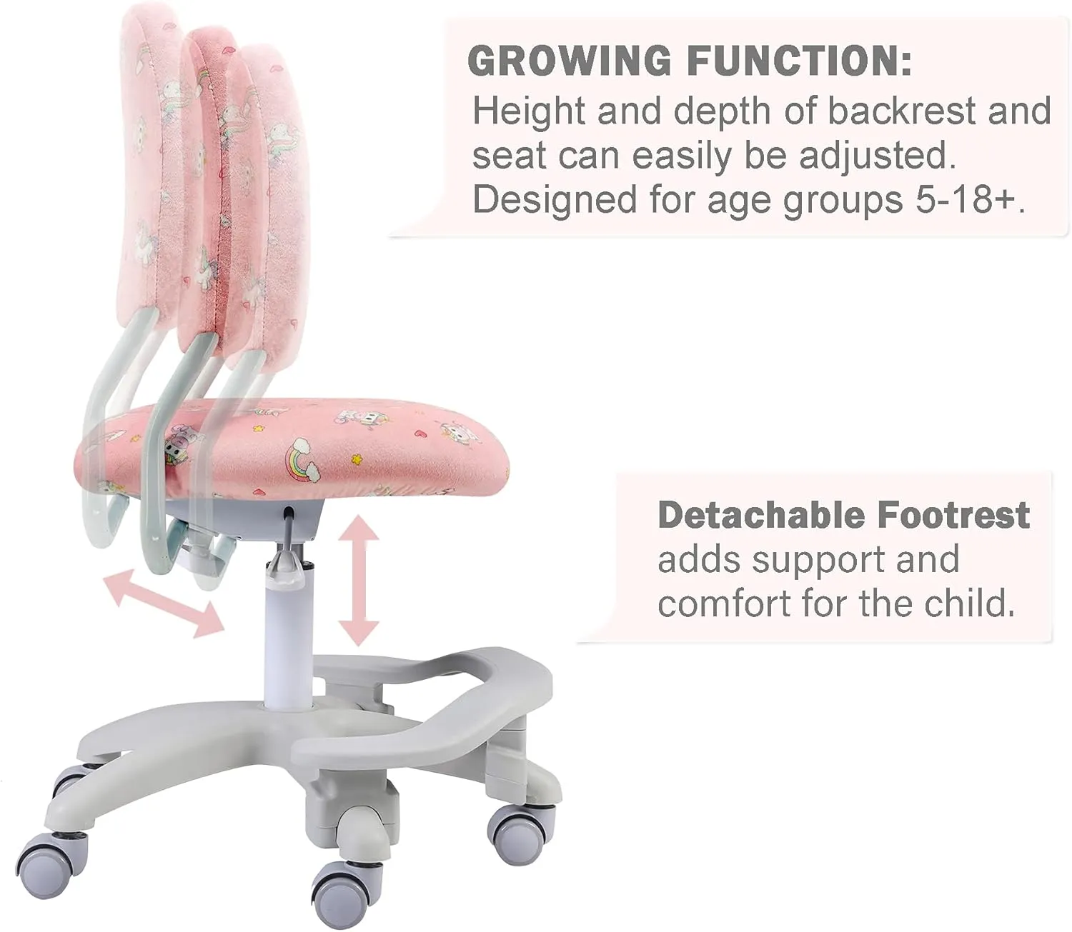 Ergonomic Kids Desk Chair, Girl's Child's Children Student Study Office Computer Chair, Adjustable Height and Seat Depth, Detachable Footrest, Lumbar Support (Peach Pink Unicorn, W/Chair Slipcovers)