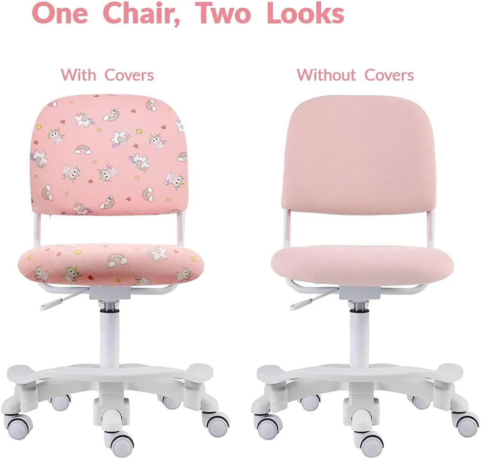Ergonomic Kids Desk Chair, Girl's Child's Children Student Study Office Computer Chair, Adjustable Height and Seat Depth, Detachable Footrest, Lumbar Support (Peach Pink Unicorn, W/Chair Slipcovers)