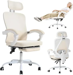 Ergonomic Office Chair, Adjustable Lumbar Support, 400LBS Capacity, Retractable Footrest, Breathable Mesh Back Gaming, Adjustable Headrest（Off-White）