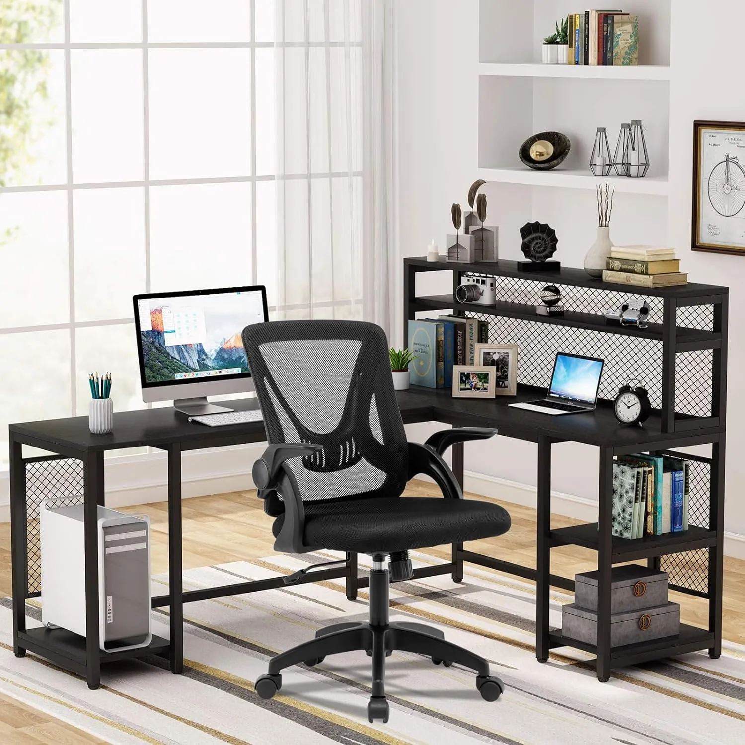 Ergonomic Office Chair Swivel Computer Desk Chair with Flip-up Armrests, Height Adjustable Mesh Chair with Lumbar Support for Home, Bedroom, Study, Black
