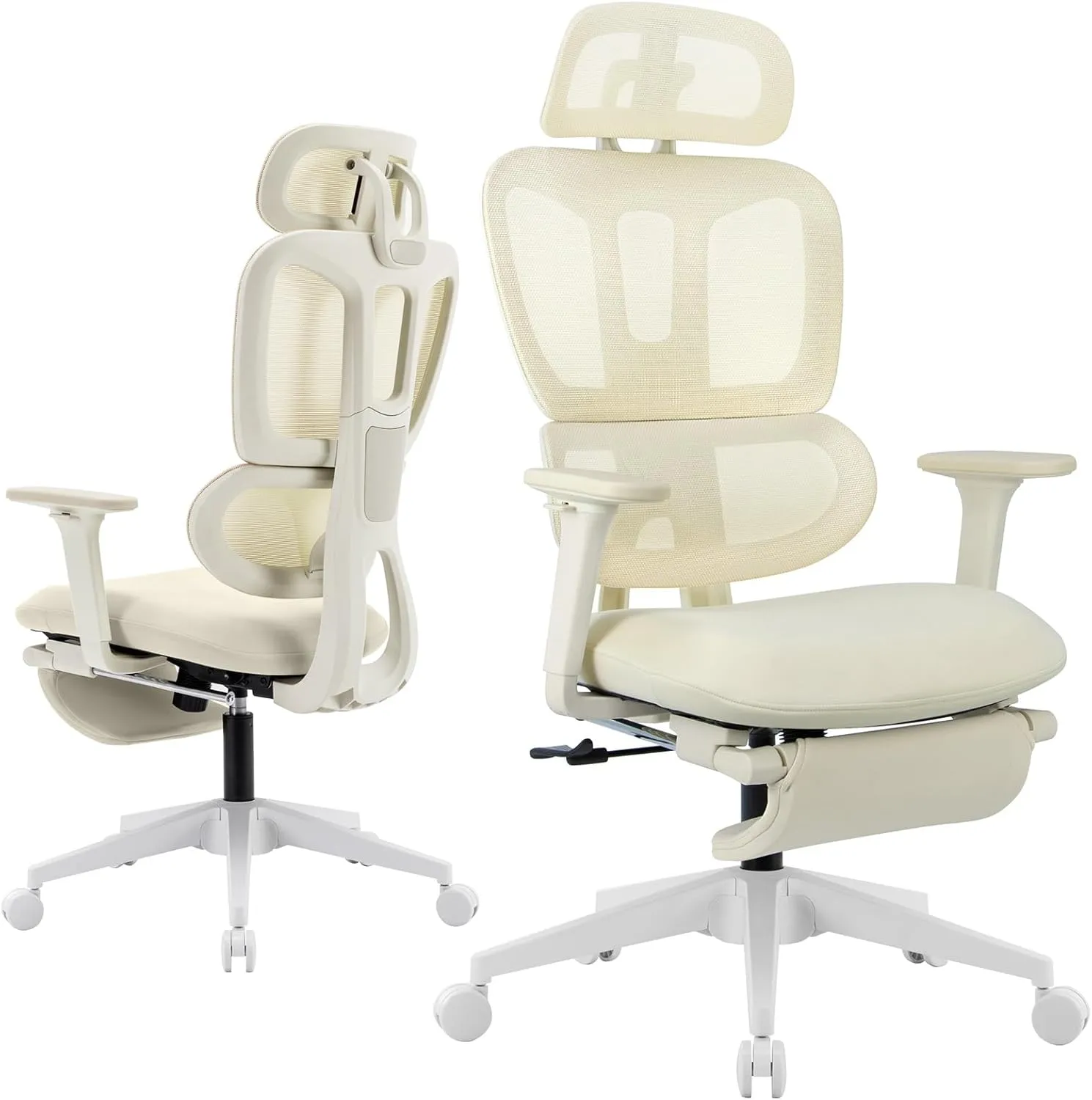 Ergonomic Office Chair with Footrest, High Back Computer Office Chair with Dynamic Lumbar Support, 2D Headrest, 2D Armrest, Sponge Seat, Mesh Home Office Desk Chair for Adults, Cream