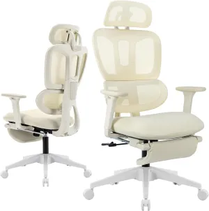 Ergonomic Office Chair with Footrest, High Back Computer Office Chair with Dynamic Lumbar Support, 2D Headrest, 2D Armrest, Sponge Seat, Mesh Home Office Desk Chair for Adults, Cream