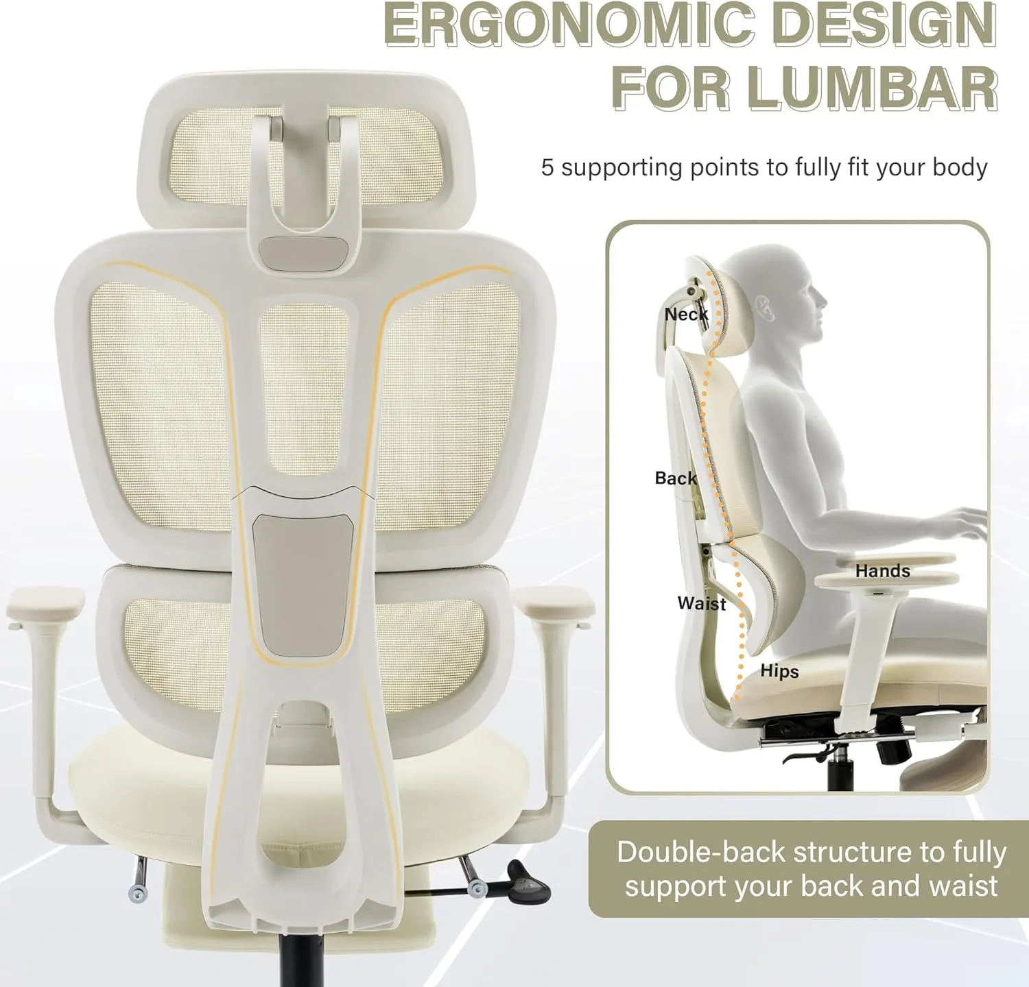 Ergonomic Office Chair with Footrest, High Back Computer Office Chair with Dynamic Lumbar Support, 2D Headrest, 2D Armrest, Sponge Seat, Mesh Home Office Desk Chair for Adults, Cream