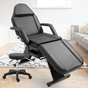 Esthetician Bed for Facial Tattoo Chair with Two Trays Adjustable Folding Salon Bed with Hydraulic Stool Massage Bed for Professional Massage Facial Lash Beauty Treatment Spa, Black