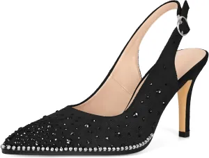 Esvowido Womens Slingback Heels Pointed Closed Toe Pumps Ankle Strap Suede Rhinestone Sparkly Stiletto High Heels for Wedding Office Dinner Party Prom