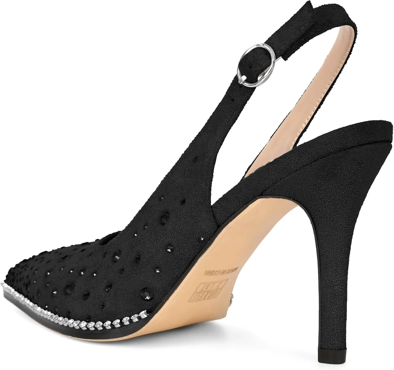 Esvowido Womens Slingback Heels Pointed Closed Toe Pumps Ankle Strap Suede Rhinestone Sparkly Stiletto High Heels for Wedding Office Dinner Party Prom