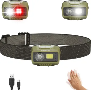 EverBrite Rechargeable Headlamp, LED Bright Motion Sensor Head Lamp Flashlight with 9 Modes, Adjustable Headlight for Adults Kids with White Red Light, Waterproof, Green, for Hiking, Running, Camping
