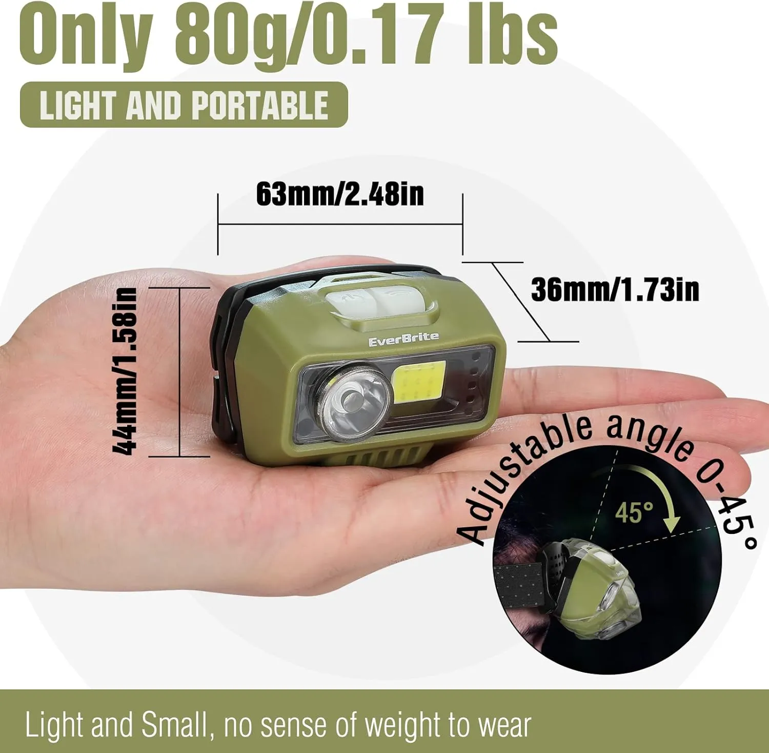 EverBrite Rechargeable Headlamp, LED Bright Motion Sensor Head Lamp Flashlight with 9 Modes, Adjustable Headlight for Adults Kids with White Red Light, Waterproof, Green, for Hiking, Running, Camping