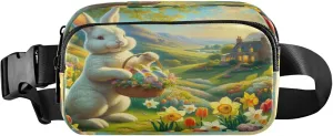 Exnundod Fanny Packs for Women & Men Retro Easter Scene, Waist Pack Vintage Bunny Floral Crossbody Bags Belt Adjustable Strap for Running Hiking Workout