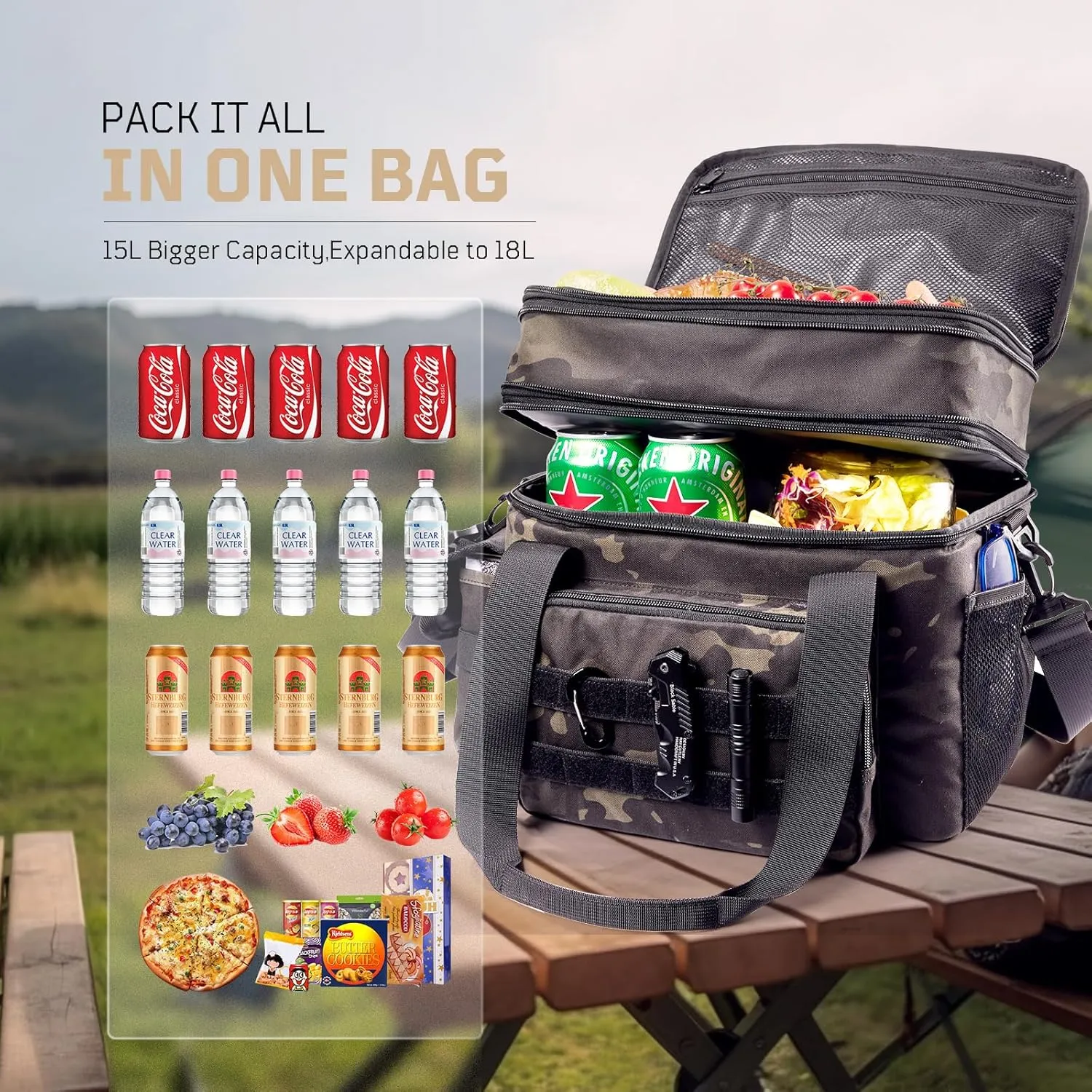 Expandable Lunch Box for Men, Insulated Tactical Lunch Bag - Leakproof Cooler with Padded Shoulder Strap, Reusable Lunch Tote Bag Thermal Lunchbox for Work Camping Picnic Beach, 18L