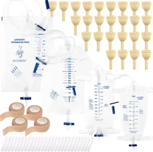 External Male catheters for Men, Urine Collection 26 pcs Soft Latex Sets, 1 pcs 750 ml Leg Bag, 1 pcs1000 ml Leg Bag, 1 pcs 1500 ml Urine Bag, 1 pcs 2000 ml Urine Bag with 4 Rolls Tape (30MM)