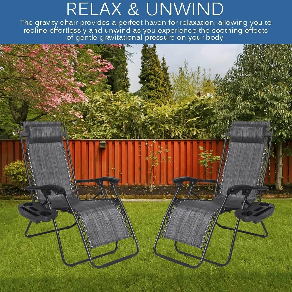 EZONE Zero Gravity Lounge Chairs Outdoor Adjustable Reclining Patio Chair Steel Mesh Folding Recliner for Pool Beach Camping Lounge Chair with Pillows and Cup Tray (2, Beige)