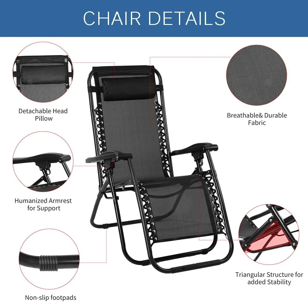 EZONE Zero Gravity Lounge Chairs Outdoor Adjustable Reclining Patio Chair Steel Mesh Folding Recliner for Pool Beach Camping Lounge Chair with Pillows and Cup Tray (2, Beige)