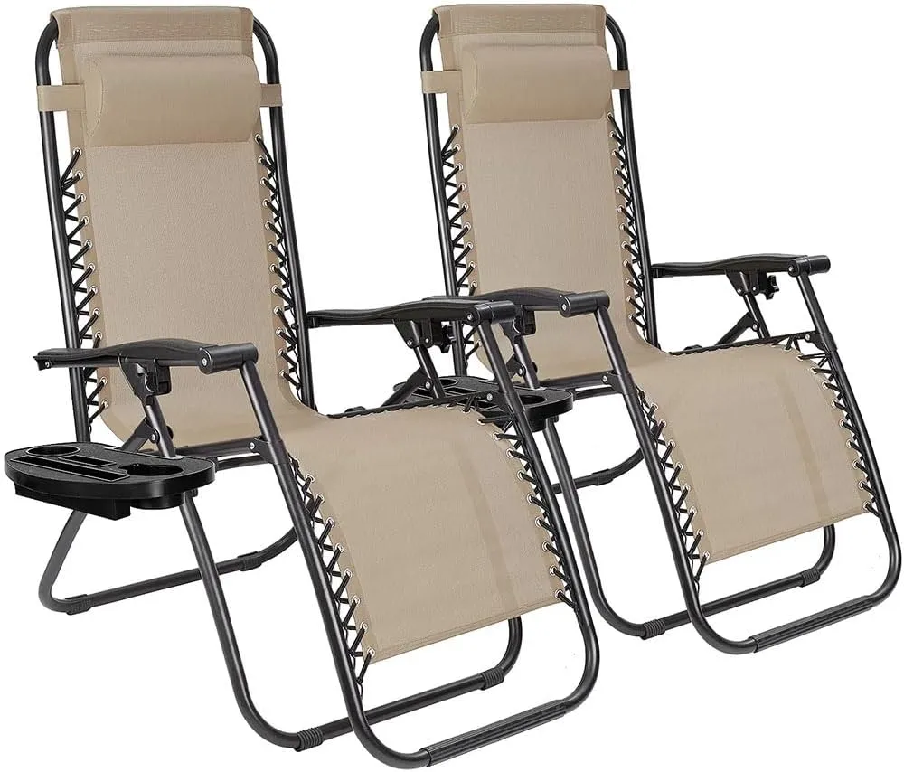 EZONE Zero Gravity Lounge Chairs Outdoor Adjustable Reclining Patio Chair Steel Mesh Folding Recliner for Pool Beach Camping Lounge Chair with Pillows and Cup Tray (2, Beige)