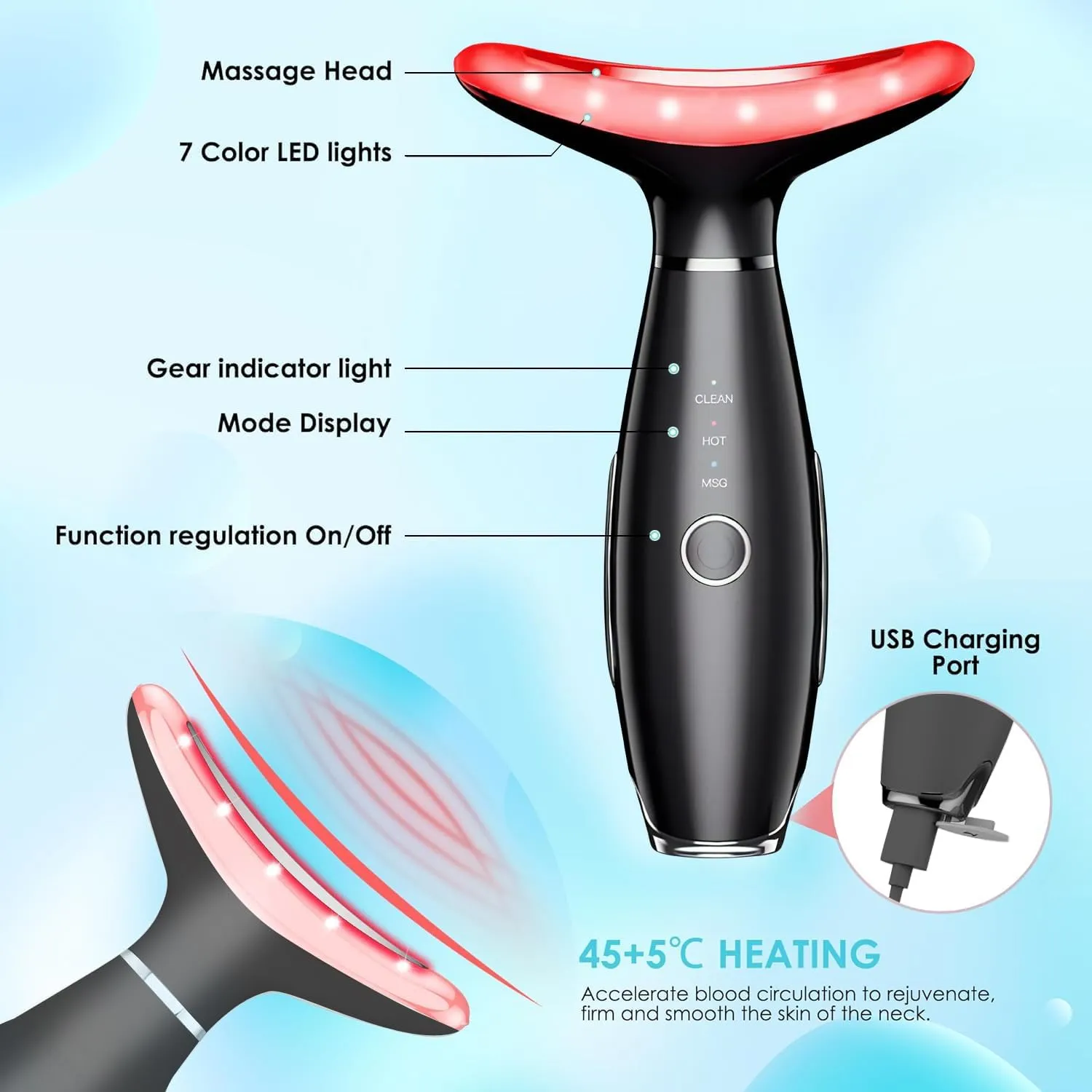 Facial Massager -7 Color Red-Light-Therapy for Face and Neck for Wrinkles, Double Chin, Vibrating Facial Massager with Thermals (Black1)