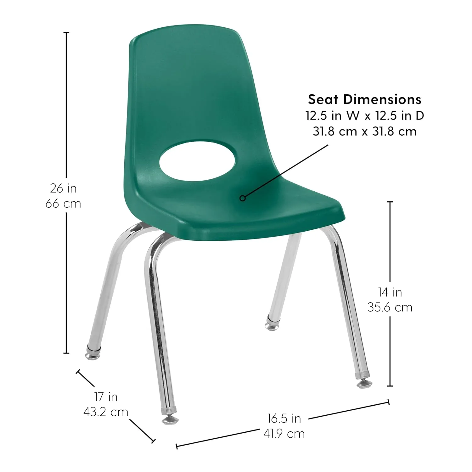 Factory Direct Partners 10364-GN 14" School Stack Chair, Stacking Student Seat with Chromed Steel Legs and Nylon Swivel Glides for in-Home Learning or Classroom - Green (6-Pack)