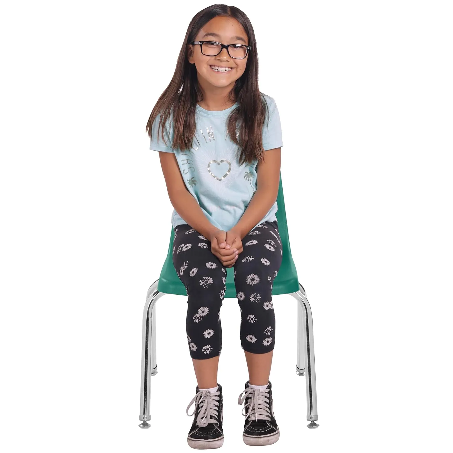 Factory Direct Partners 10364-GN 14" School Stack Chair, Stacking Student Seat with Chromed Steel Legs and Nylon Swivel Glides for in-Home Learning or Classroom - Green (6-Pack)