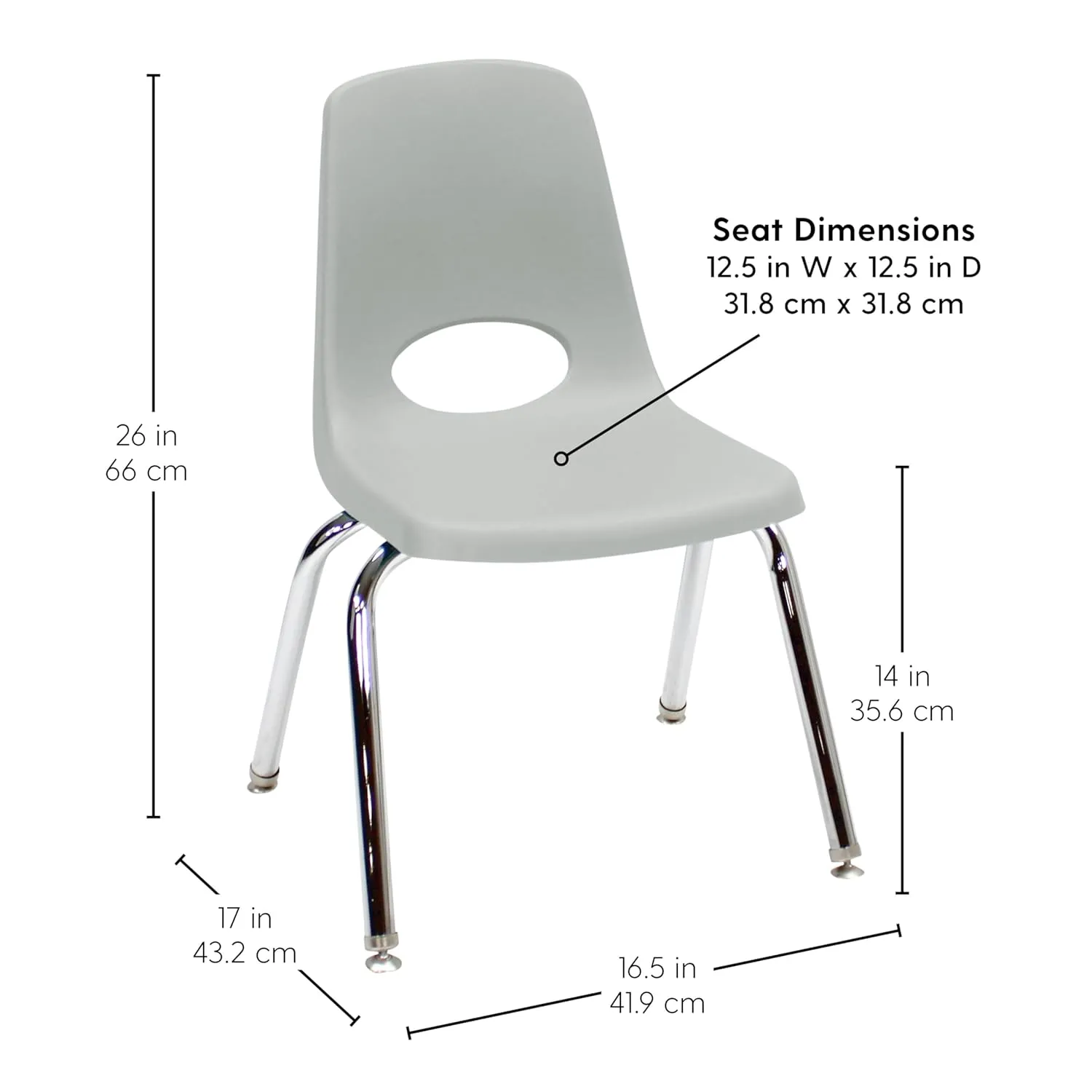Factory Direct Partners 10364-LG 14" School Stack Chair, Stacking Student Seat with Chromed Steel Legs and Nylon Swivel Glides for in-Home Learning or Classroom - Light Gray (6-Pack)