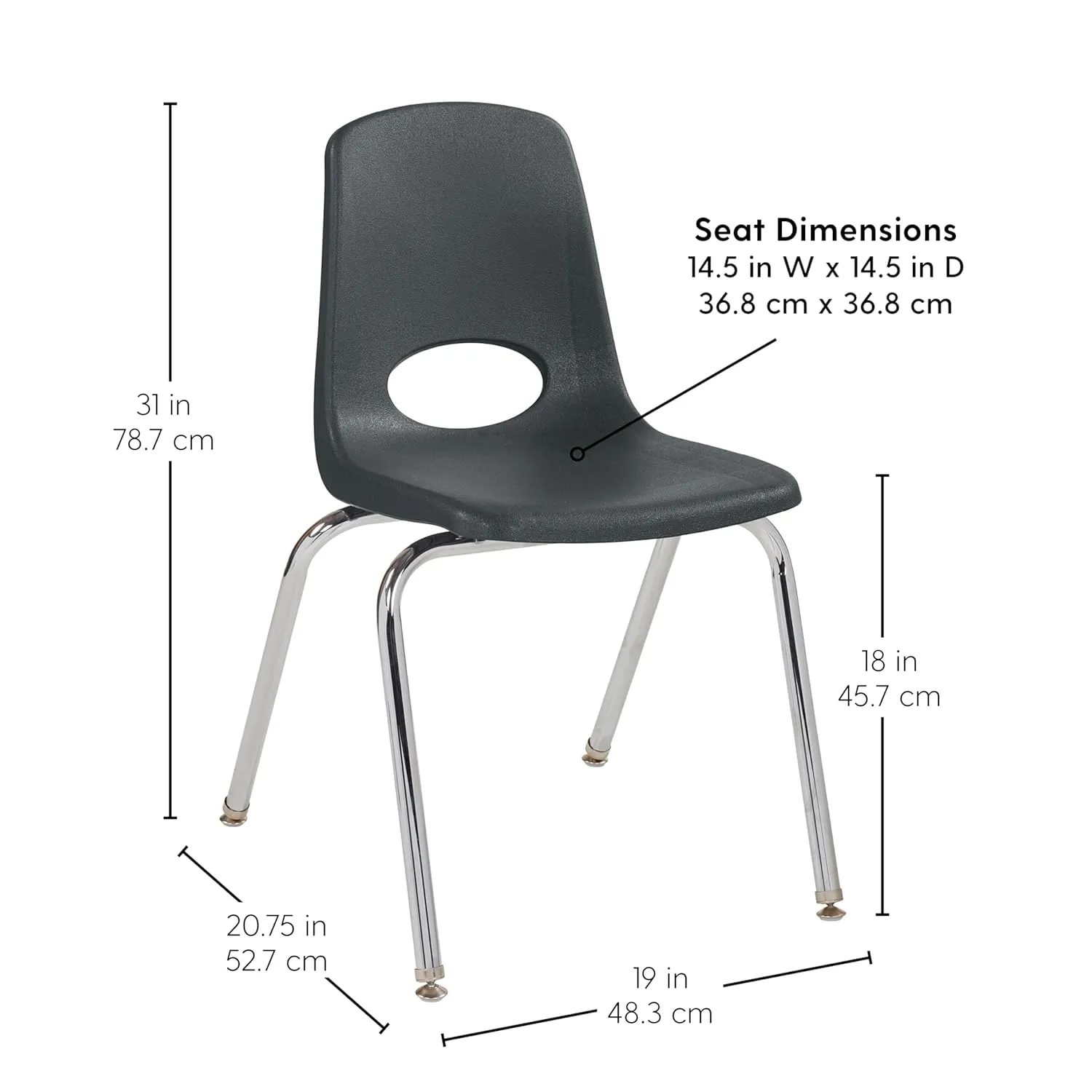 Factory Direct Partners 10371-BK 18" School Stack Chair, Stacking Student Seat with Chromed Steel Legs and Nylon Swivel Glides for in-Home Learning, Classroom or Office - Black (5-Pack)