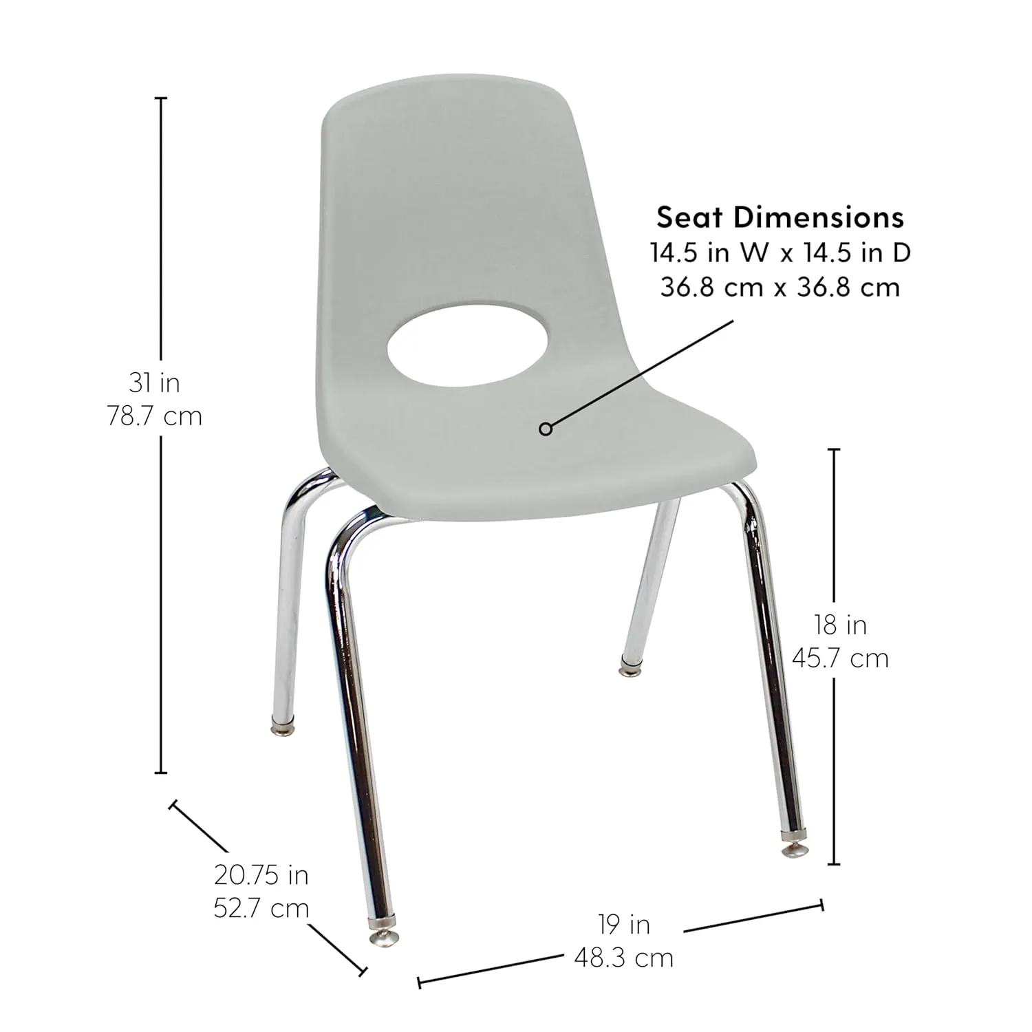Factory Direct Partners 10371-LG 18" School Stack Chair, Stacking Student Seat with Chromed Steel Legs and Nylon Swivel Glides for in-Home Learning, Classroom or Office - Light Gray (5-Pack)