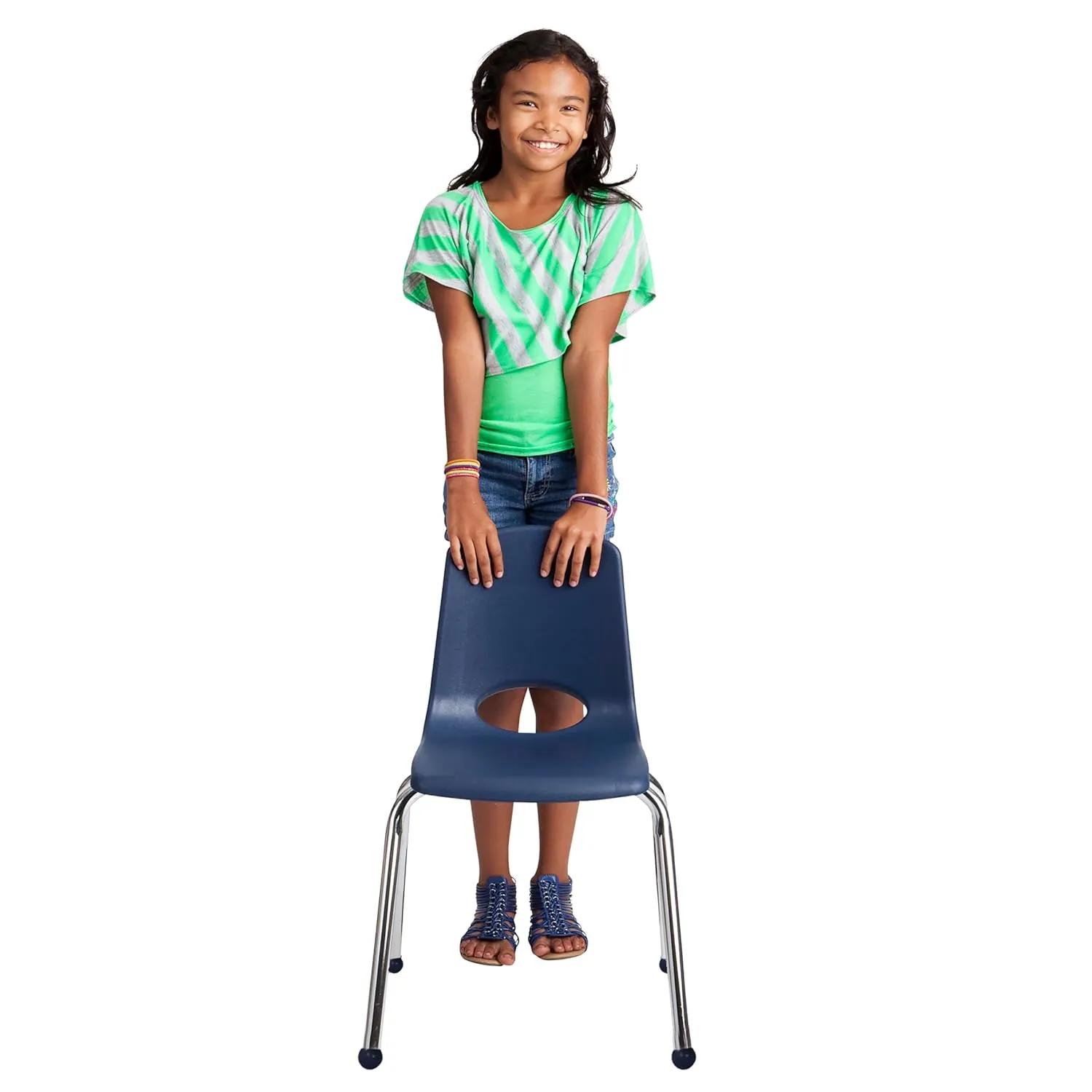 Factory Direct Partners 10382-NV 16" School Stack Chair, Stacking Student Seat with Chromed Steel Legs and Ball Glides for in-Home Learning or Classroom - Navy (4-Pack)