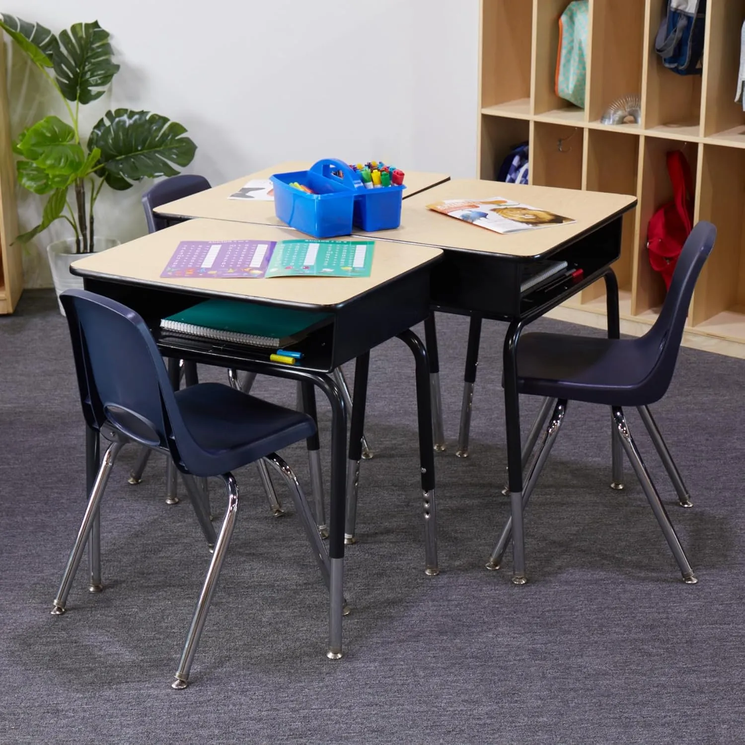 Factory Direct Partners 10383-NV 16" School Stack Chair, Stacking Student Seat with Chromed Steel Legs and Nylon Swivel Glides for in-Home Learning or Classroom - Navy (4-Pack)