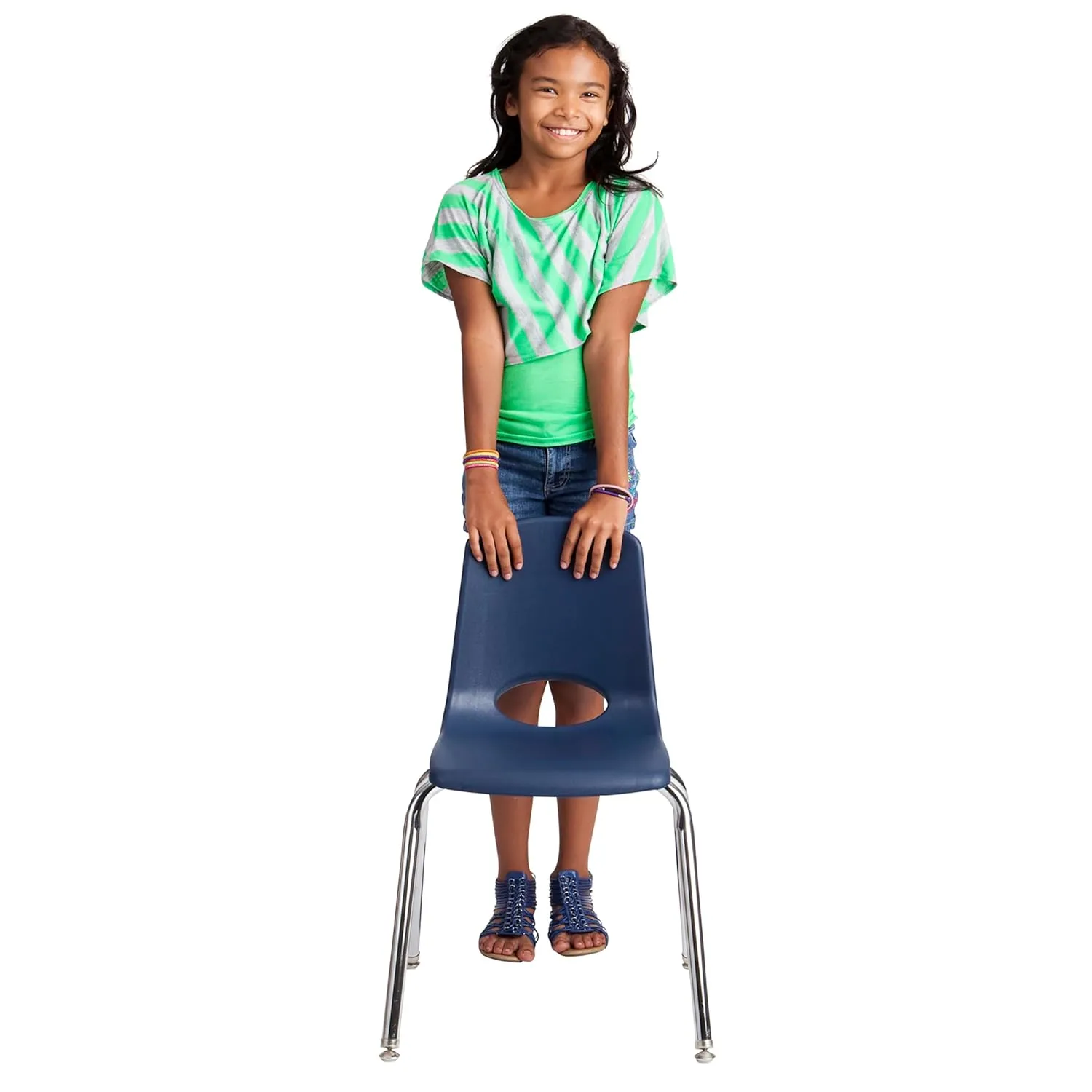 Factory Direct Partners 10383-NV 16" School Stack Chair, Stacking Student Seat with Chromed Steel Legs and Nylon Swivel Glides for in-Home Learning or Classroom - Navy (4-Pack)