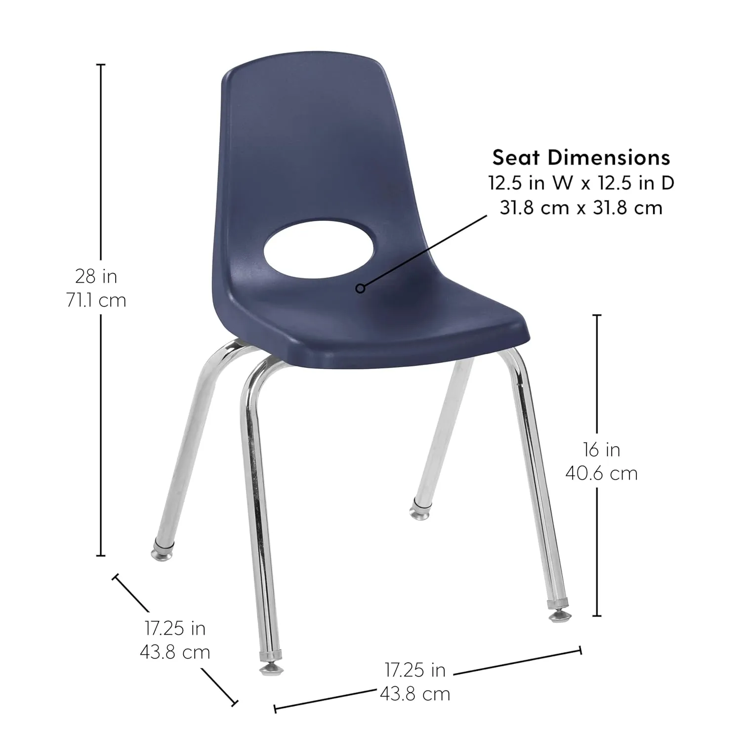 Factory Direct Partners 10383-NV 16" School Stack Chair, Stacking Student Seat with Chromed Steel Legs and Nylon Swivel Glides for in-Home Learning or Classroom - Navy (4-Pack)