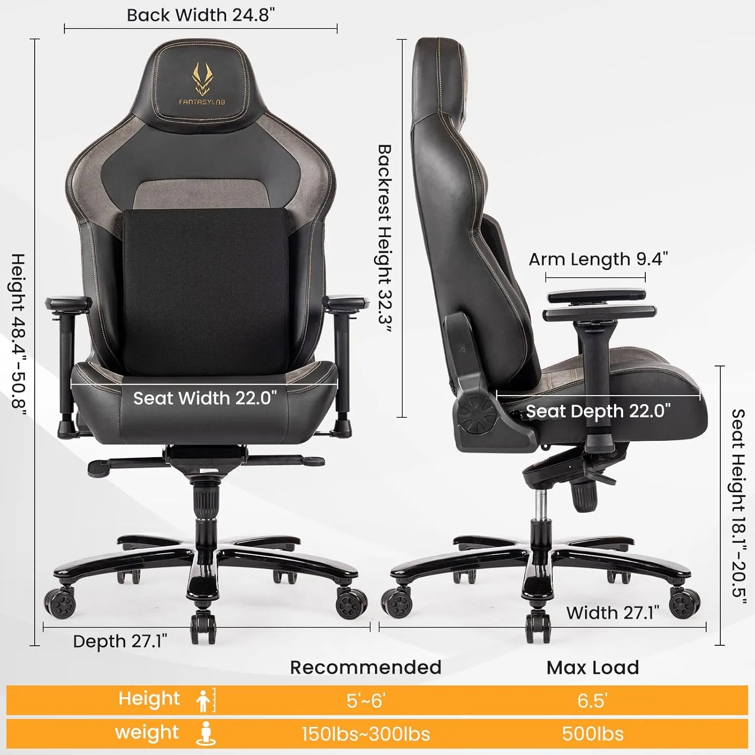 Fantasylab Big & Tall Gaming Chair 440lb Metal Base Memory Foam Lumbar Seat Cushion 4D Adjustable Arms Swivels & Reclines Ergonomic High-Back Racing Computer Gaming Chair, Black