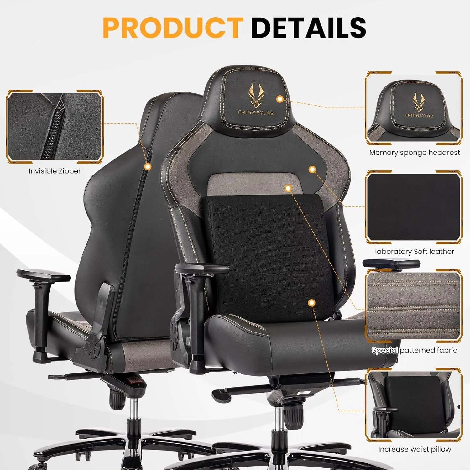 Fantasylab Big & Tall Gaming Chair 440lb Metal Base Memory Foam Lumbar Seat Cushion 4D Adjustable Arms Swivels & Reclines Ergonomic High-Back Racing Computer Gaming Chair, Black