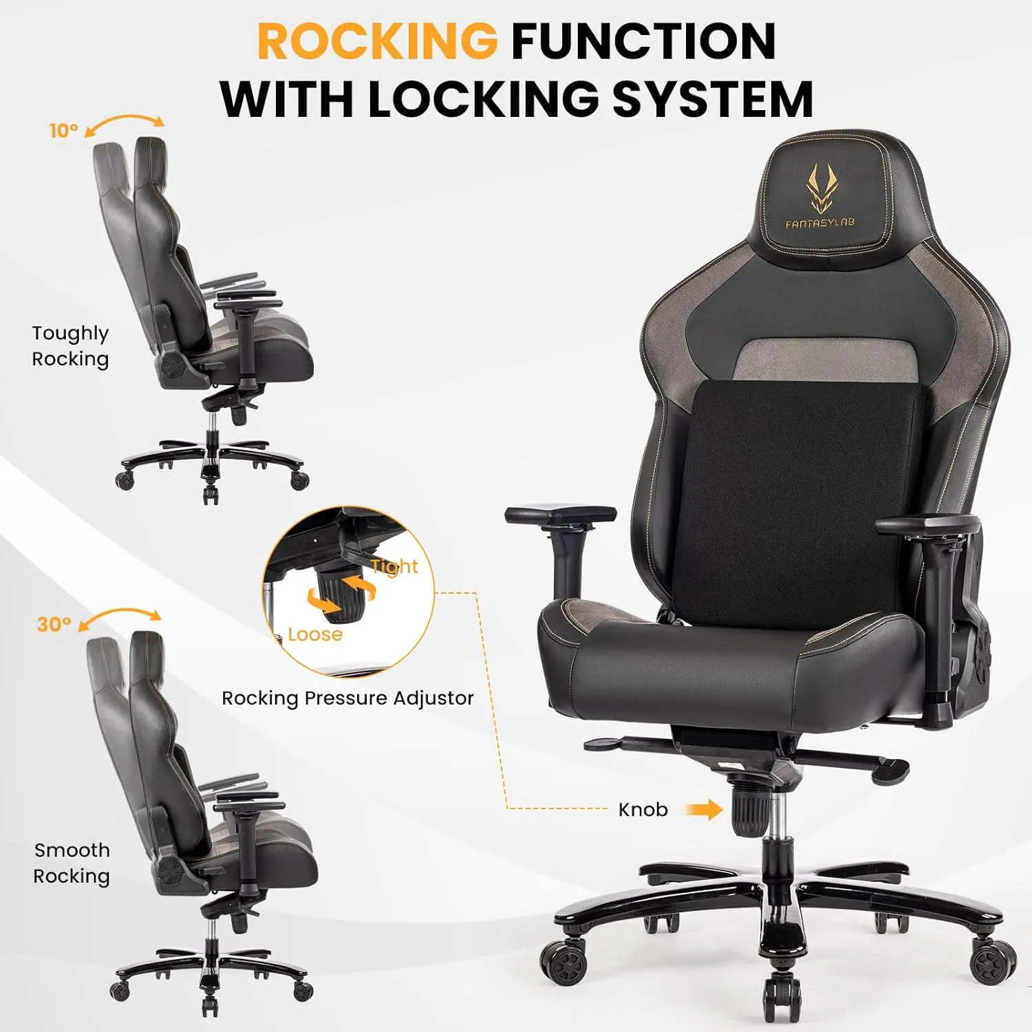 Fantasylab Big & Tall Gaming Chair 440lb Metal Base Memory Foam Lumbar Seat Cushion 4D Adjustable Arms Swivels & Reclines Ergonomic High-Back Racing Computer Gaming Chair, Black