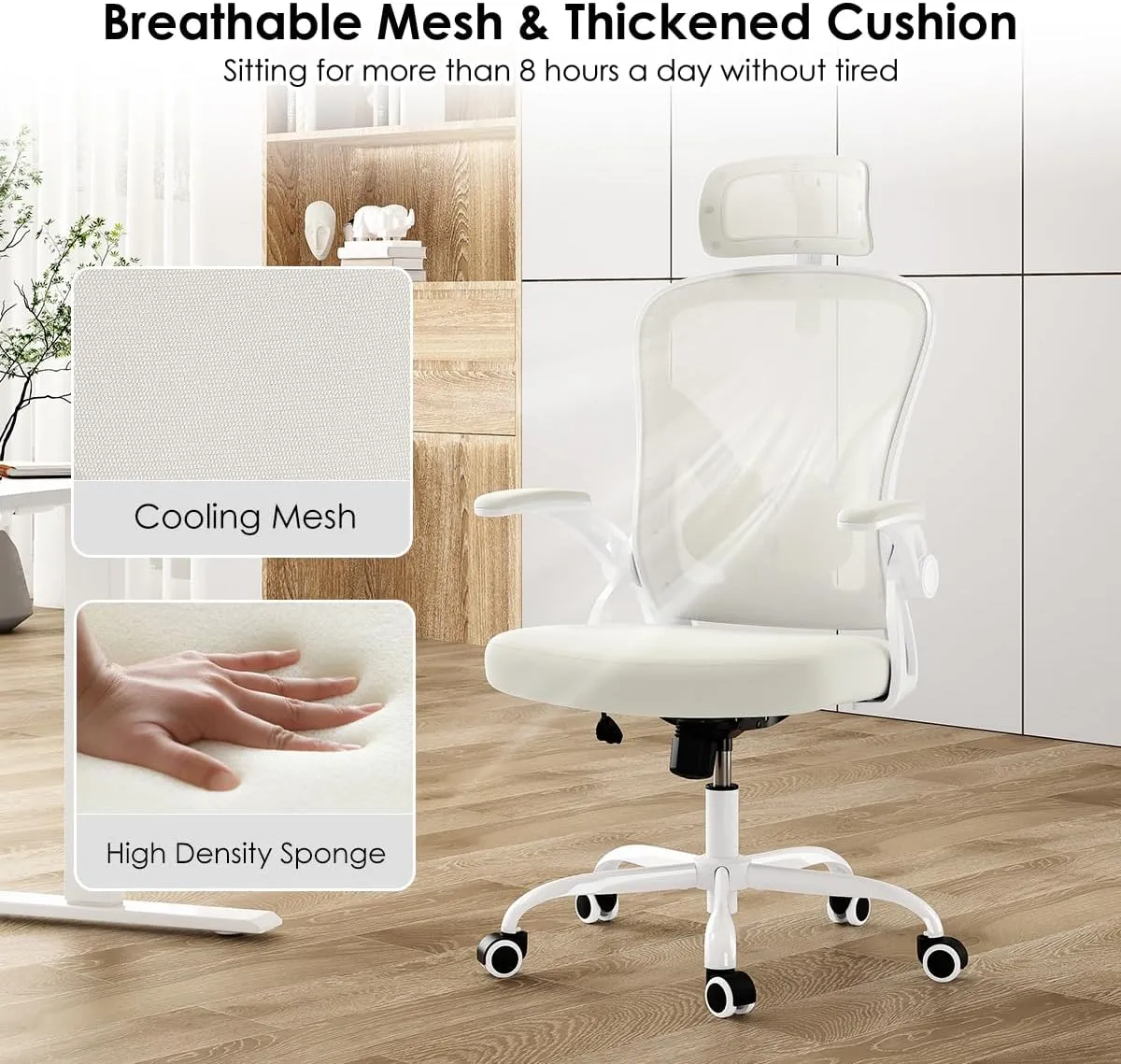 Farini Ergonomic Office Chair, Home Office Desk Chair with Headrest, High Back Computer Chair with Armrests and Adjustable Lumbar Support for Home Office Study Room, White & Beige