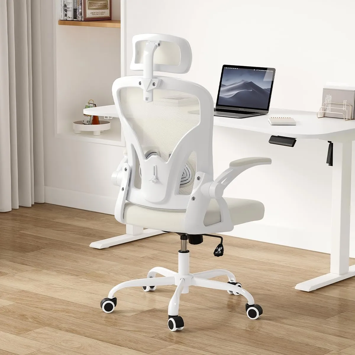 Farini Ergonomic Office Chair, Home Office Desk Chair with Headrest, High Back Computer Chair with Armrests and Adjustable Lumbar Support for Home Office Study Room, White & Beige