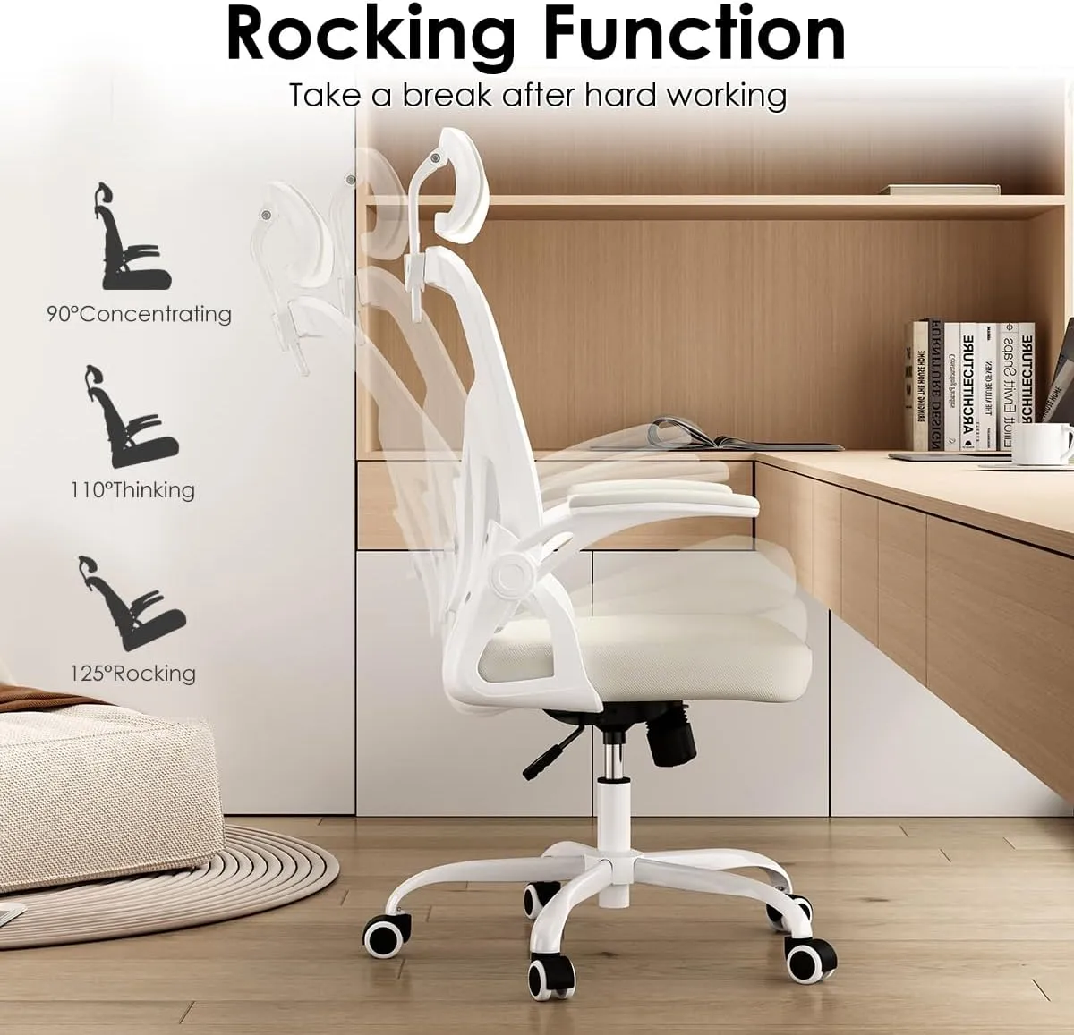 Farini Ergonomic Office Chair, Home Office Desk Chair with Headrest, High Back Computer Chair with Armrests and Adjustable Lumbar Support for Home Office Study Room, White & Beige
