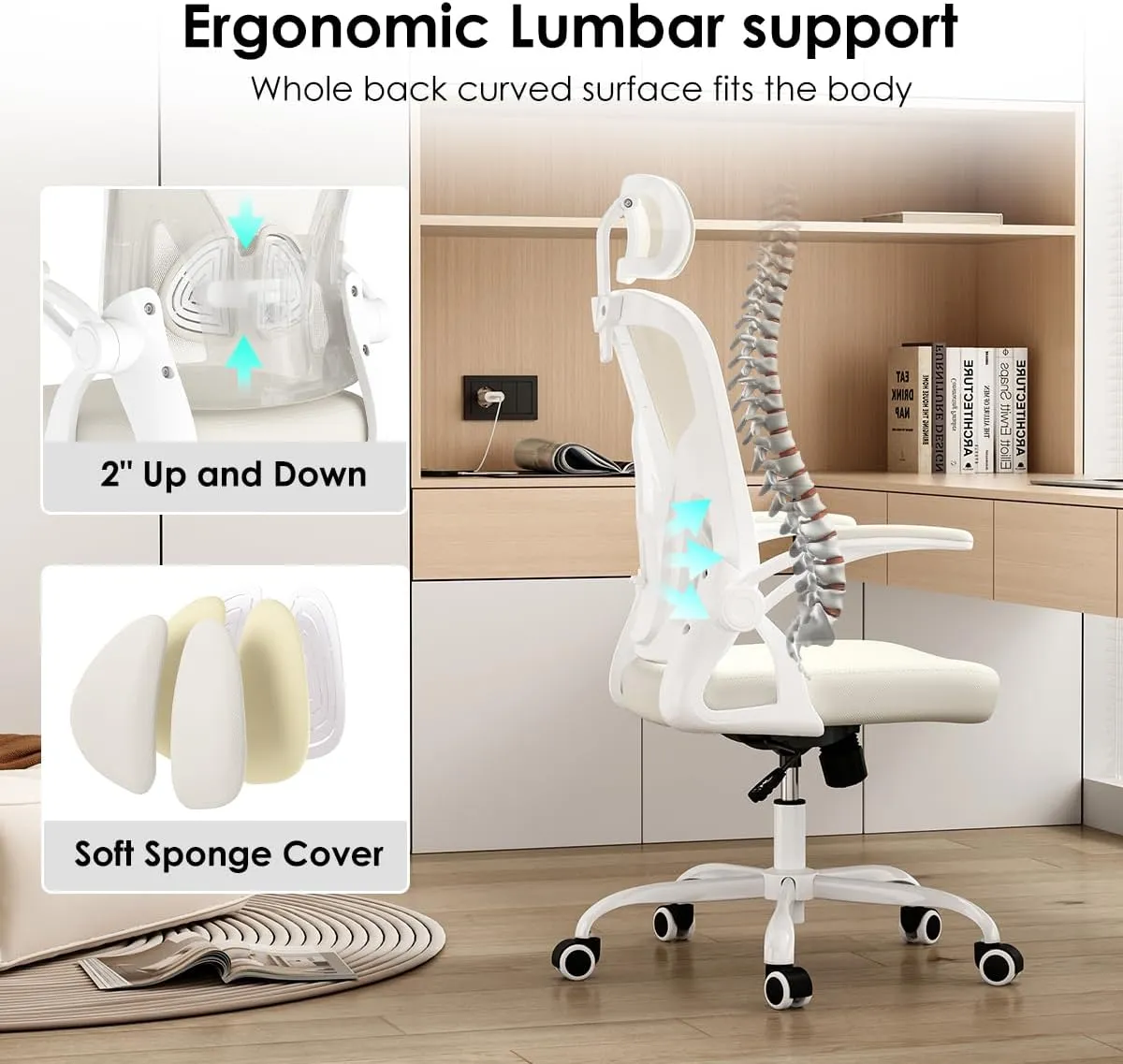 Farini Ergonomic Office Chair, Home Office Desk Chair with Headrest, High Back Computer Chair with Armrests and Adjustable Lumbar Support for Home Office Study Room, White & Beige