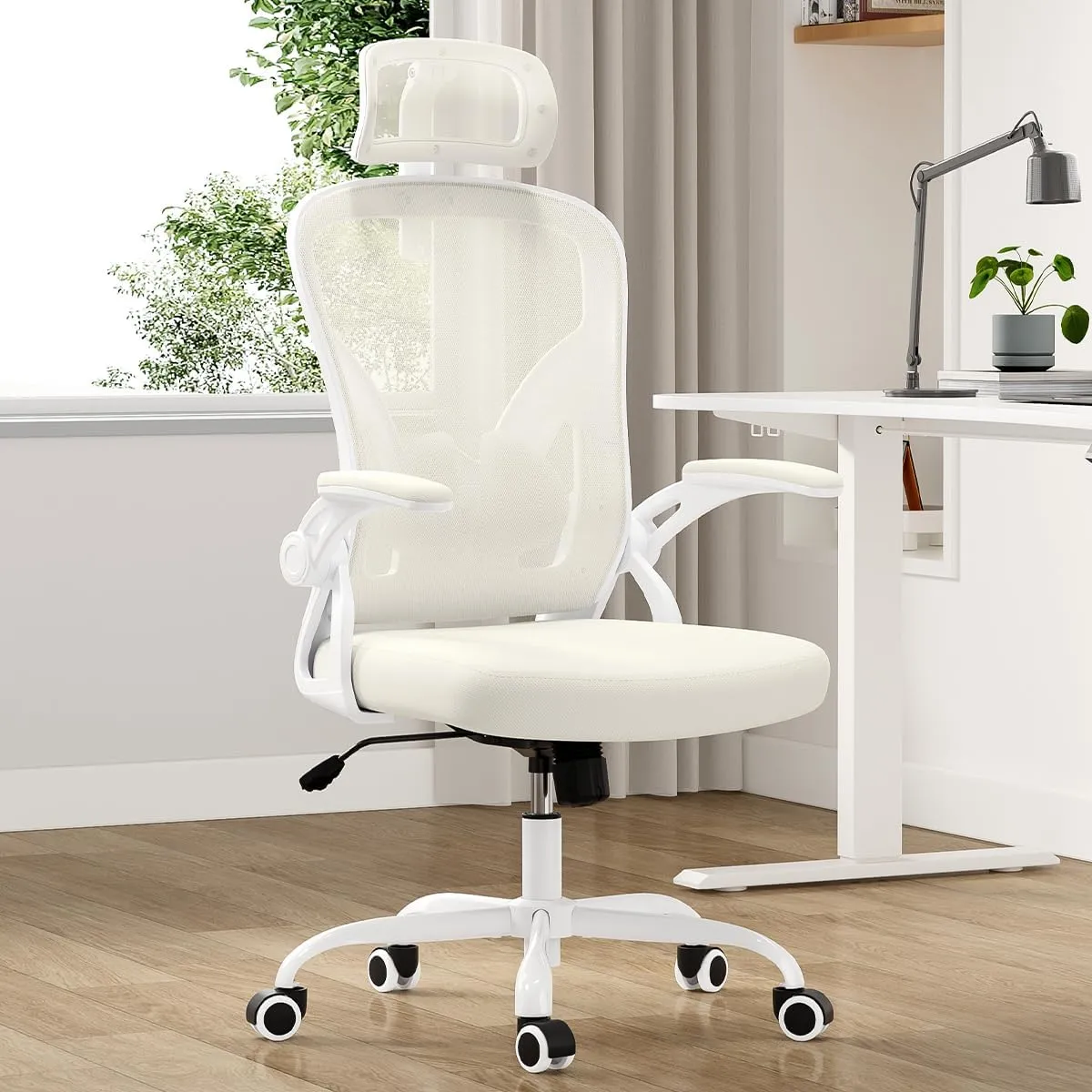 Farini Ergonomic Office Chair, Home Office Desk Chair with Headrest, High Back Computer Chair with Armrests and Adjustable Lumbar Support for Home Office Study Room, White & Beige