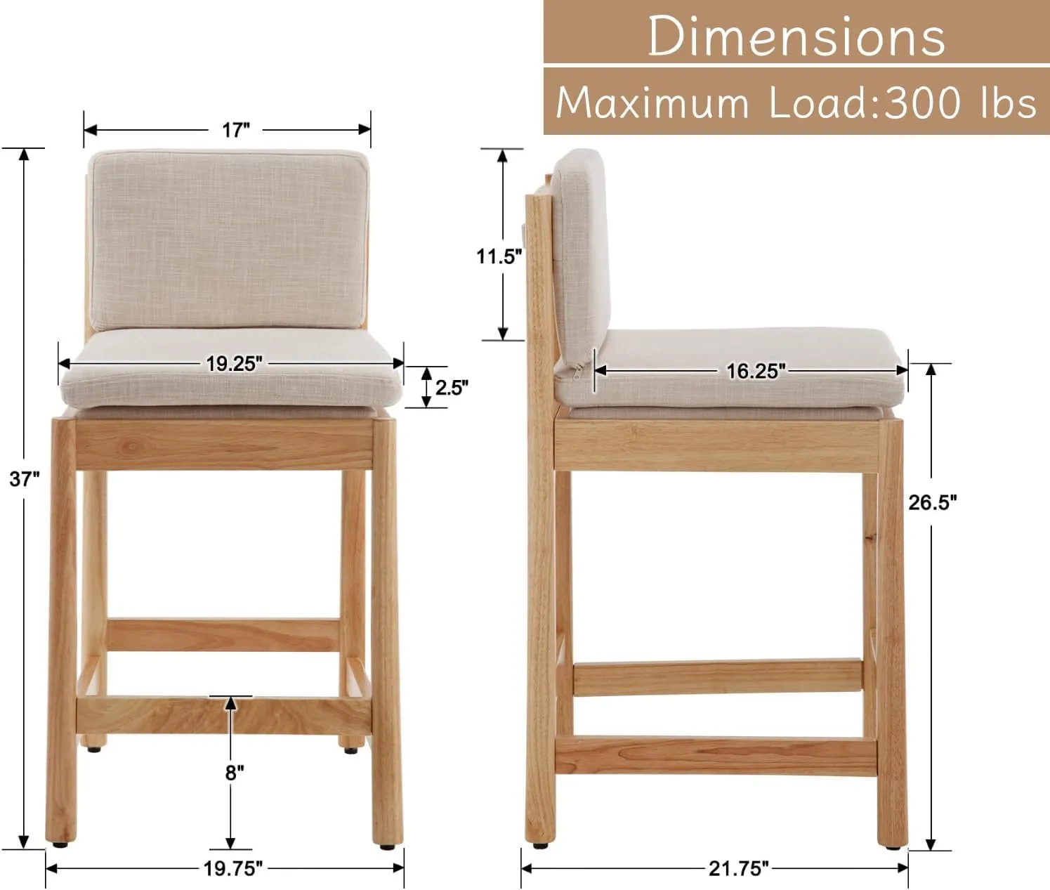 Farmhouse Counter Height Bar Stools Set of 2 Mid Century Modern Barstools Upholstered Counter Stools Wooden Bar Chairs for Kitchen Island/Dining Room/Home/Pub,26 Inch,Beige Linen