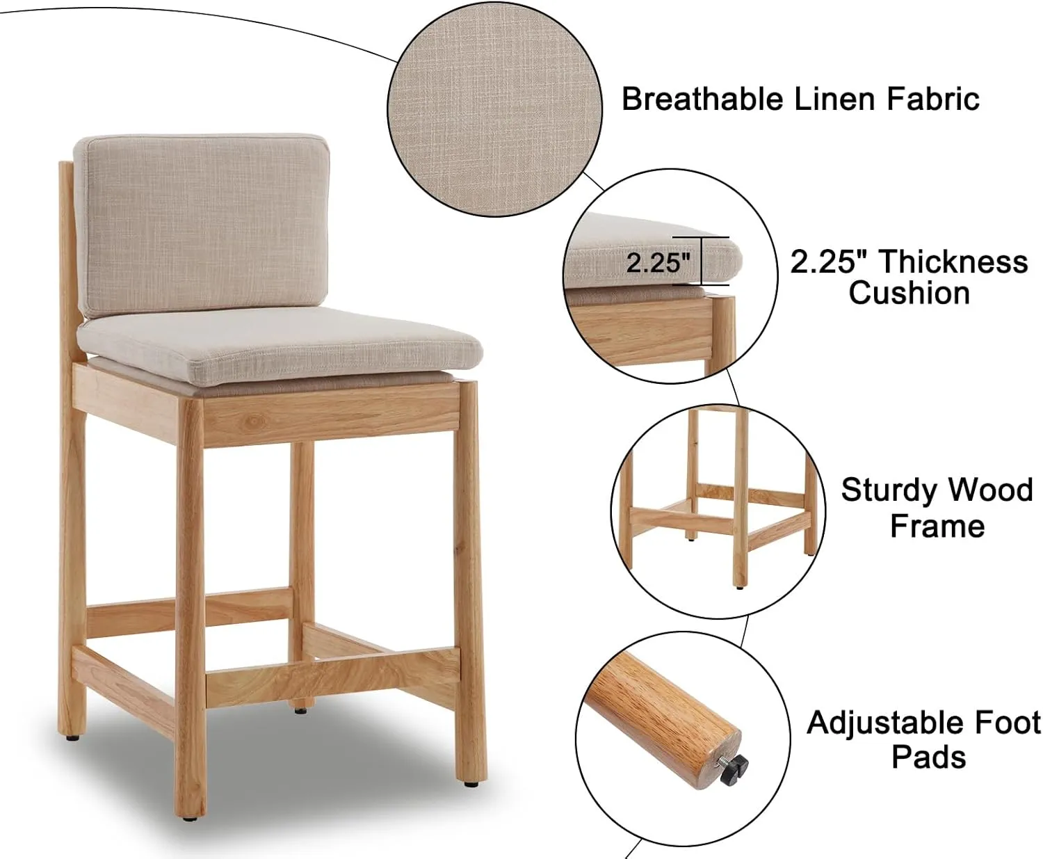 Farmhouse Counter Height Bar Stools Set of 2 Mid Century Modern Barstools Upholstered Counter Stools Wooden Bar Chairs for Kitchen Island/Dining Room/Home/Pub,26 Inch,Beige Linen