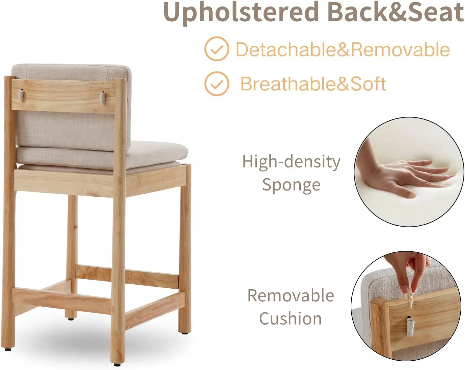 Farmhouse Counter Height Bar Stools Set of 2 Mid Century Modern Barstools Upholstered Counter Stools Wooden Bar Chairs for Kitchen Island/Dining Room/Home/Pub,26 Inch,Beige Linen