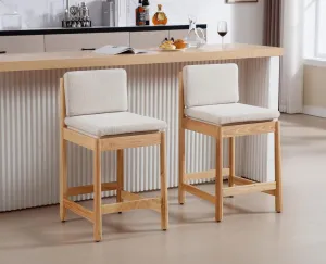 Farmhouse Counter Height Bar Stools Set of 2 Mid Century Modern Barstools Upholstered Counter Stools Wooden Bar Chairs for Kitchen Island/Dining Room/Home/Pub,26 Inch,Beige Linen