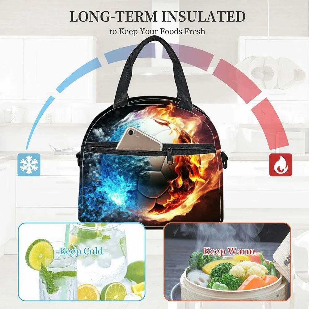 fast flying burning soccer ball fire and ice dark Generative Insulated Adult Lunch Bag with Shoulder Strap for Women Lightweight Reusable Portable Freezable Lunch Tote Bag for Work Picnic